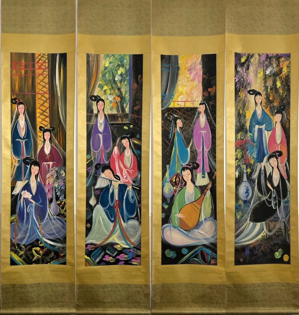 A Chinese Vertical Scroll Ink Painting of Character and Story on Paper: A Chinese Vertical Scroll Ink Painting of Character and Story on Paper Lin fengmian entirety Size:107.9inx24.6in Without frame Size:70.1inx18.7in林风眠人物图四