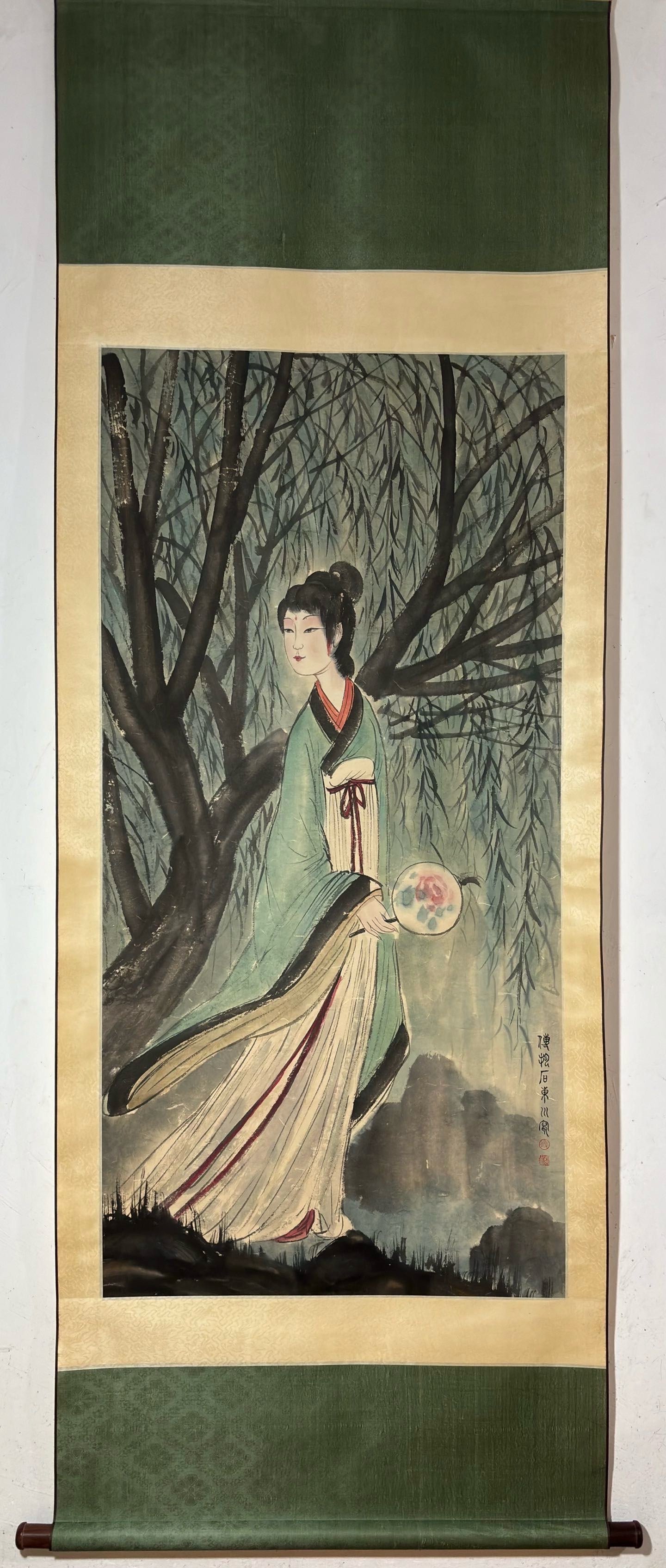 A Chinese Vertical Scroll Ink Painting of Woman on Paper: A Chinese Vertical Scroll Ink Painting of Woman on Paper Fu baoshi Without frame Size:53.5inx26.4in傅抱石仕女图 纸本立轴Without frame Size:1