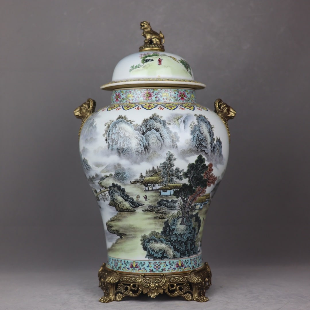 An Exquisite Famille-Rose Inlaid Bronze Landscape Pattern Double-Ears Jar: An Exquisite Famille-Rose Inlaid Bronze Landscape Pattern Double-Ears Jar Qing Dynasty, China Qianlong Four-character Mark Size:20.1inx11.8in粉彩山水镶铜羊