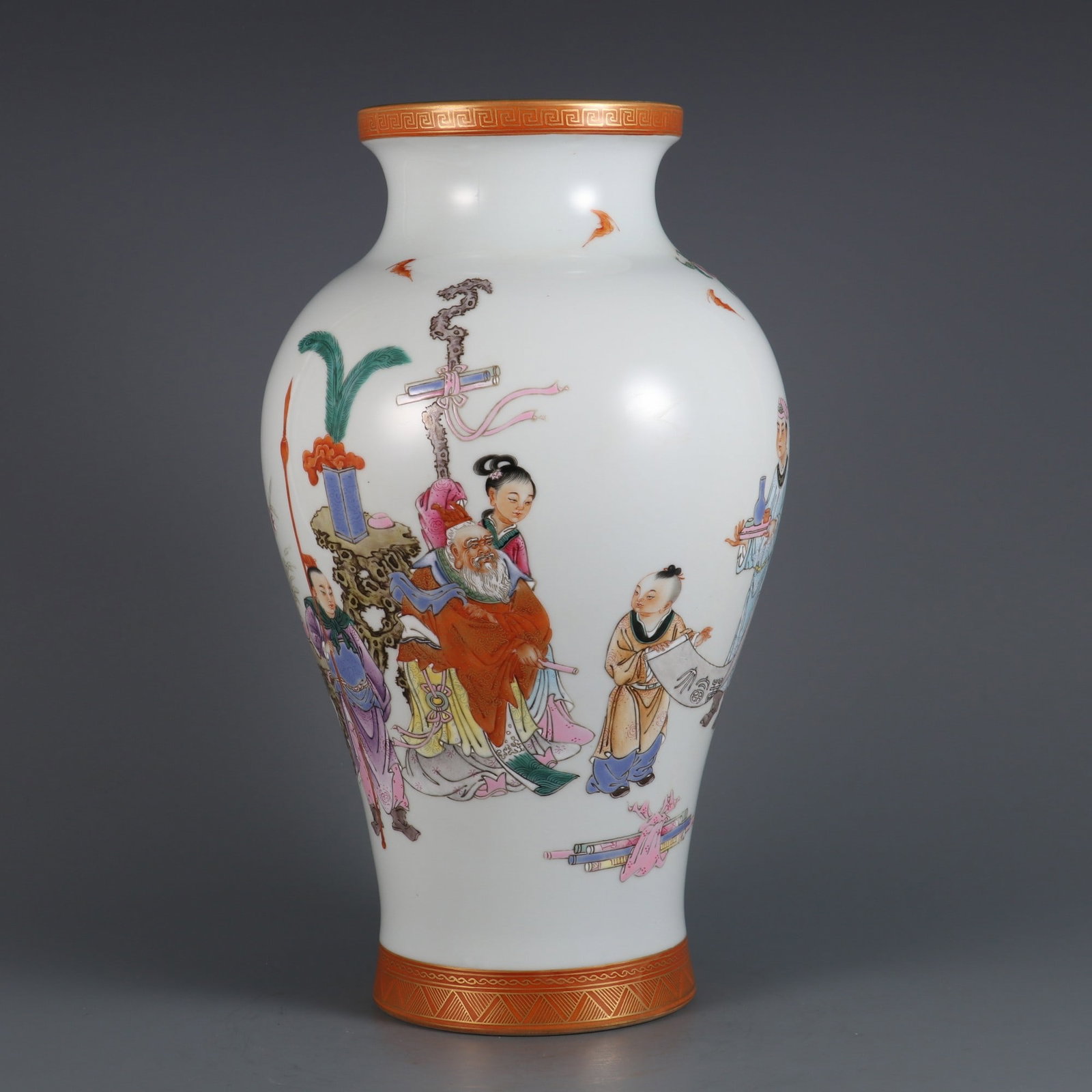 An Exquisite Famille-Rose Character and Story Pattern with poem Vase: An Exquisite Famille-Rose Character and Story Pattern with poem Vase Qing Dynasty, China Qianlong Six-character Mark Size:13.2inx7.3in粉彩天官赐福筒瓶 &