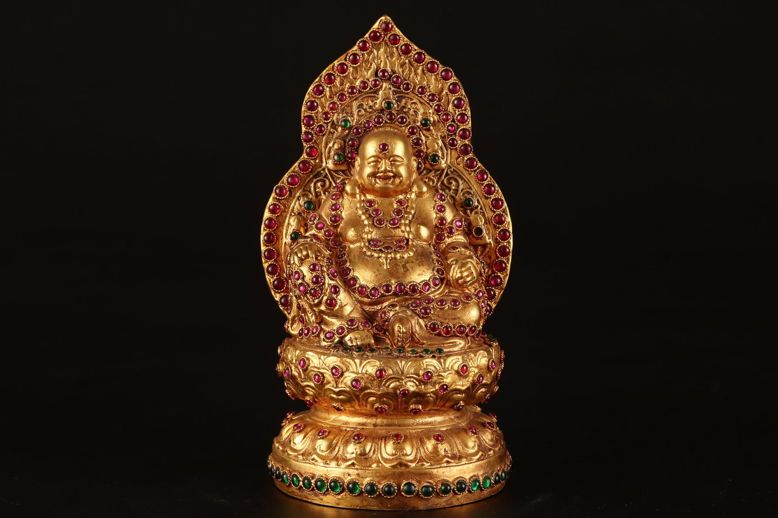 An Exquisite Gilt Bronze Inlaid Gems Statue of Maitreya Buddha Ornament: An Exquisite Gilt Bronze Inlaid Gems Statue of Maitreya Buddha Ornament Qing Dynasty, China Size:7.5inx3.7in Weight:1127g铜鎏金弥勒佛摆件 中ࢲ