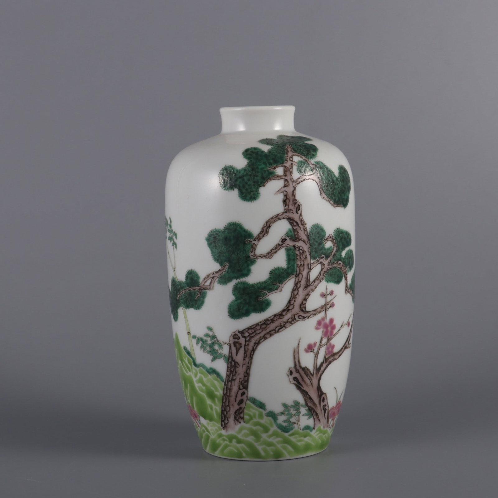 An Exquisite Famille-Rose Pine, Bamboo and Plum Blossom Pattern Vase: An Exquisite Famille-Rose Pine, Bamboo and Plum Blossom Pattern Vase Qing Dynasty, China Yongzheng Six-character Mark Size:7inx3.6in粉彩岁寒三友梅瓶 