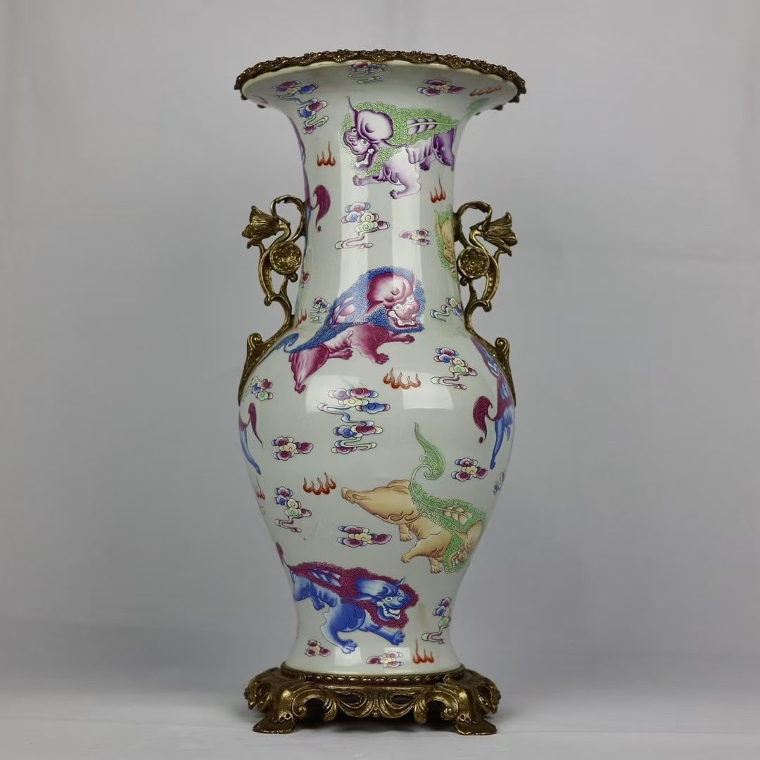 An Exquisite Famille-Rose Inlaid Bronze Auspicious Cloud Pattern Auspicious Beast Pattern: An Exquisite Famille-Rose Inlaid Bronze Auspicious Cloud Pattern Auspicious Beast Pattern Double-Ears Vase Qing Dynasty, China Kangxi Six-character Mark