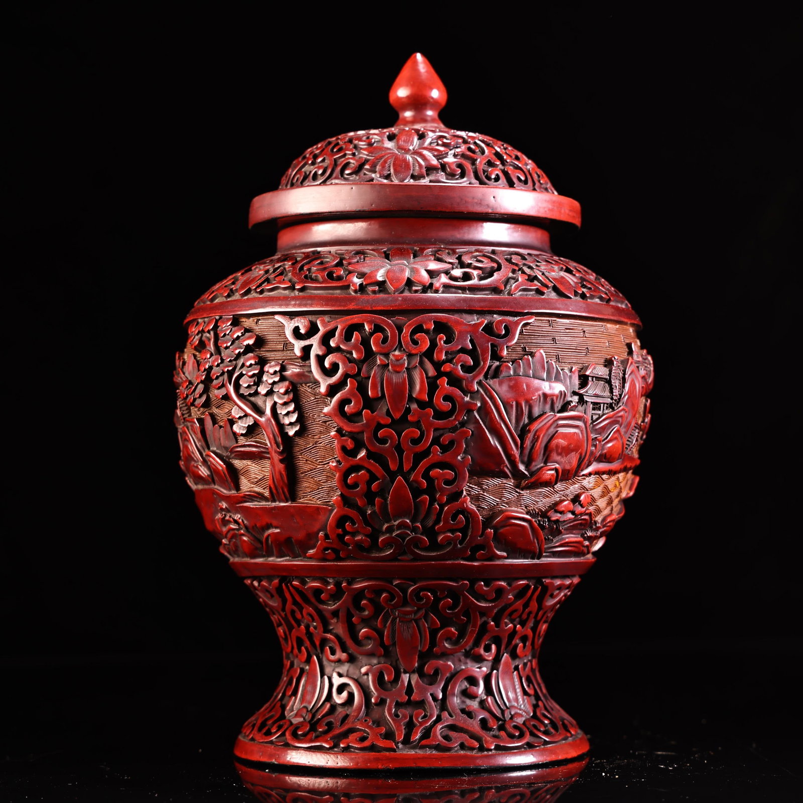 An Exquisite Red Lacquer Landscape Pattern Lotus Pattern Jar - 2