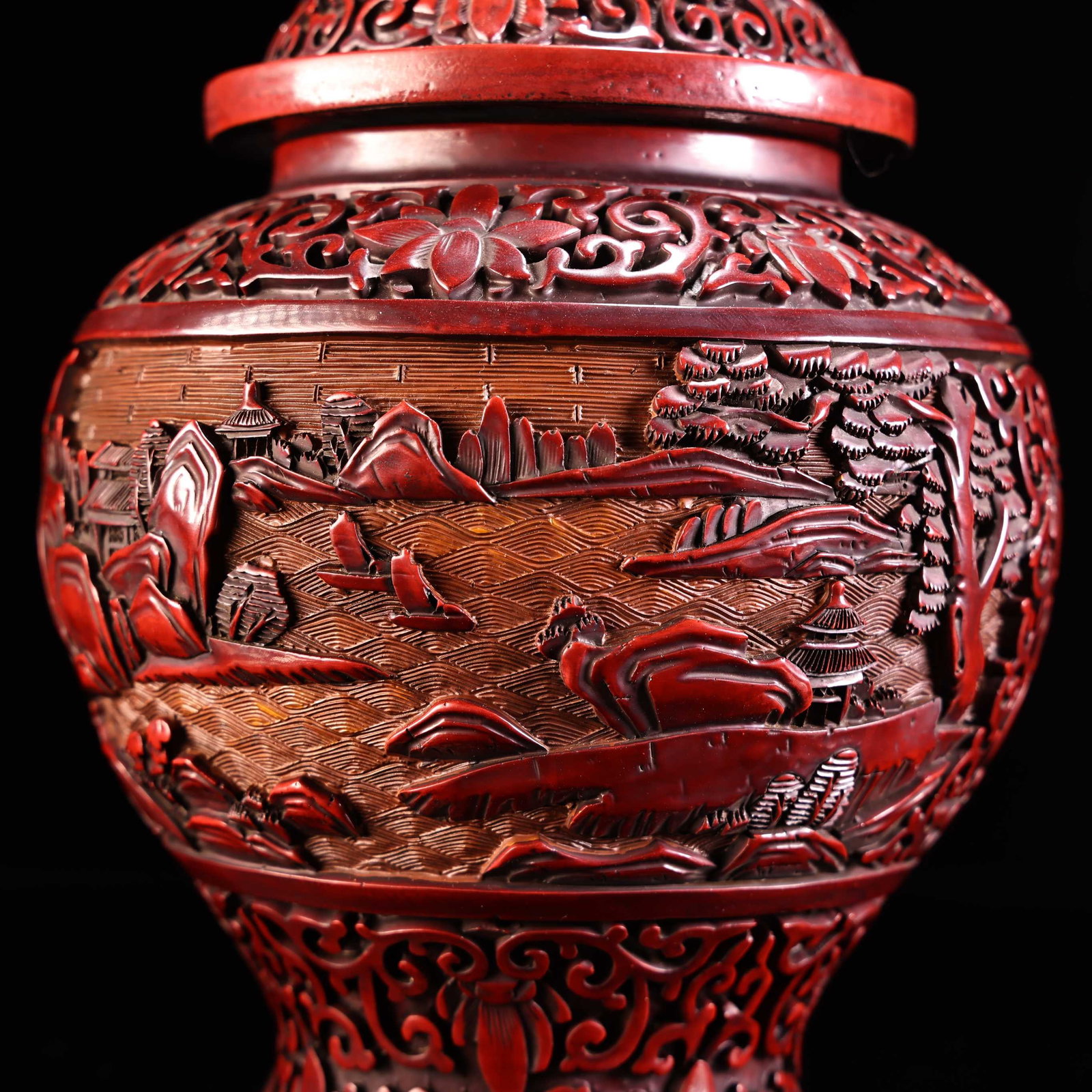 An Exquisite Red Lacquer Landscape Pattern Lotus Pattern Jar - 5