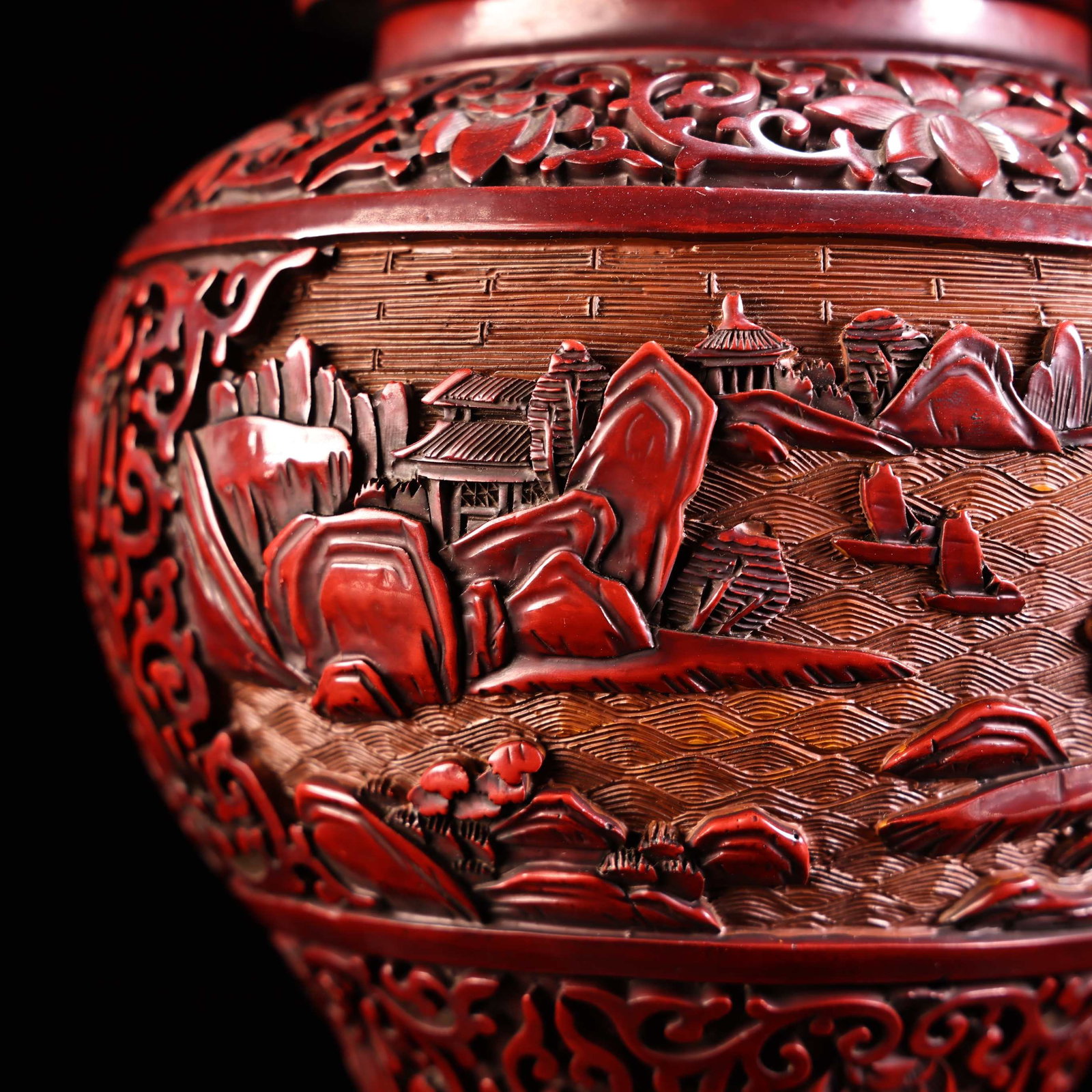 An Exquisite Red Lacquer Landscape Pattern Lotus Pattern Jar - 6
