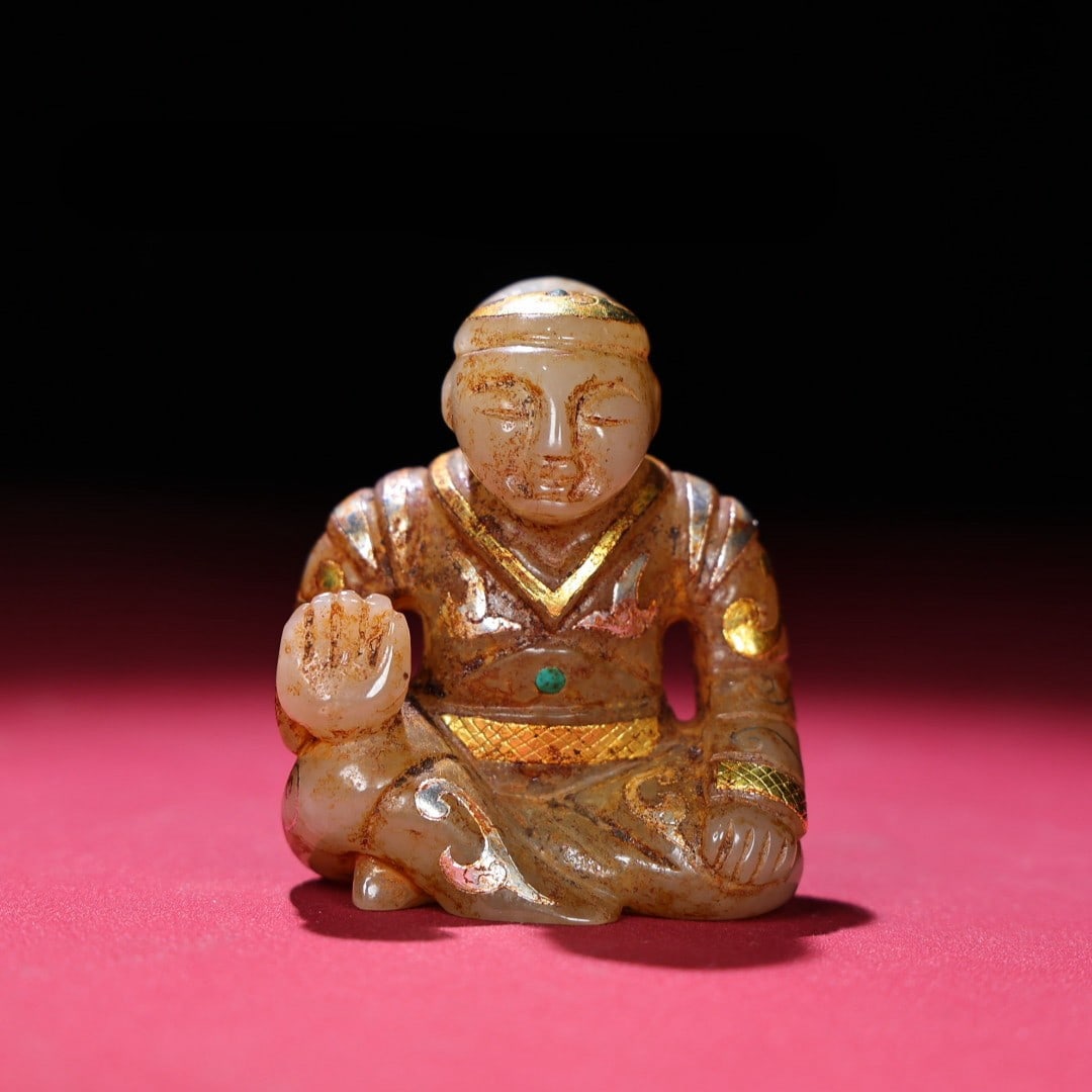 An Exquisite White Jade Inlaid Gold and Silver Figure Hand Piece: An Exquisite White Jade Inlaid Gold and Silver Figure Hand Piece Han Dynasty, China Size:2.7inx2.2inx1.4in Weight:182g白玉错金银玉贵人把件 &