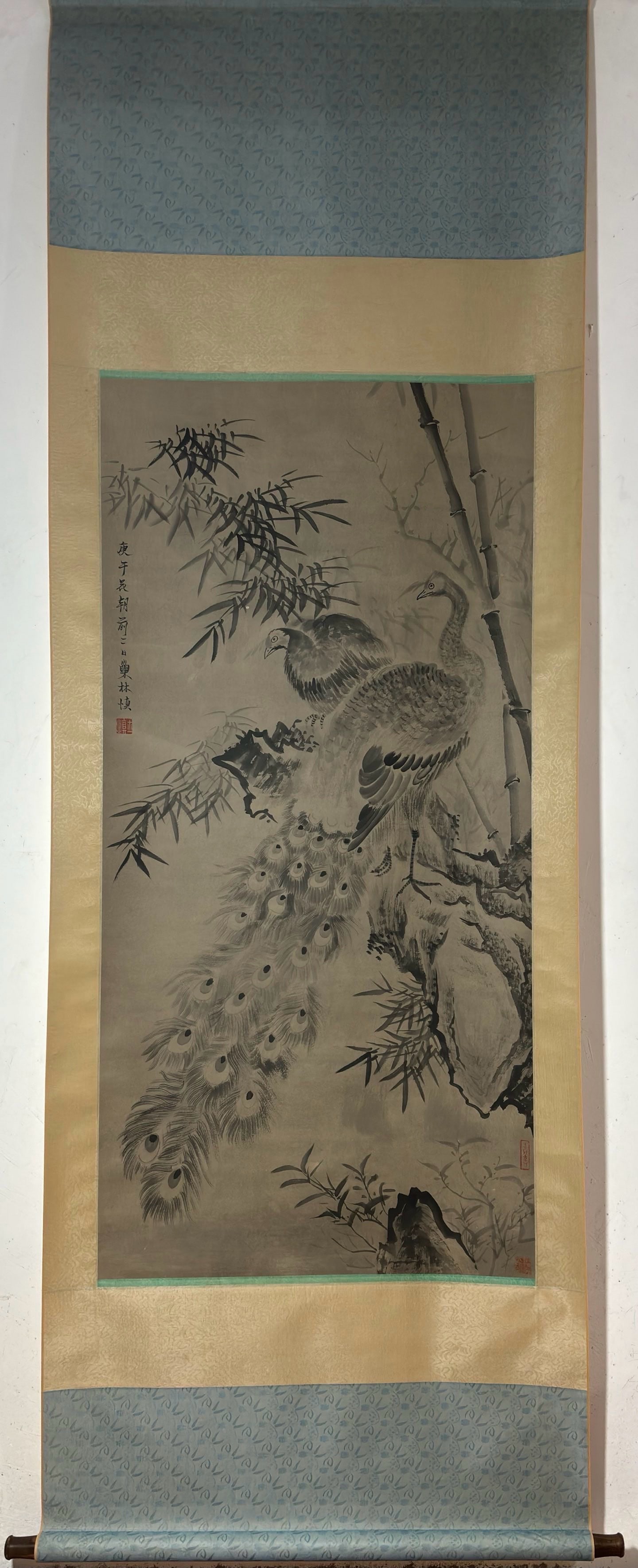 A Chinese Vertical Scroll Ink Painting of Flower and Bird on Paper: A Chinese Vertical Scroll Ink Painting of Flower and Bird on Paper Wang shishen Without frame Size:53inx25.6in汪士慎孔雀图 纸本立轴Without f