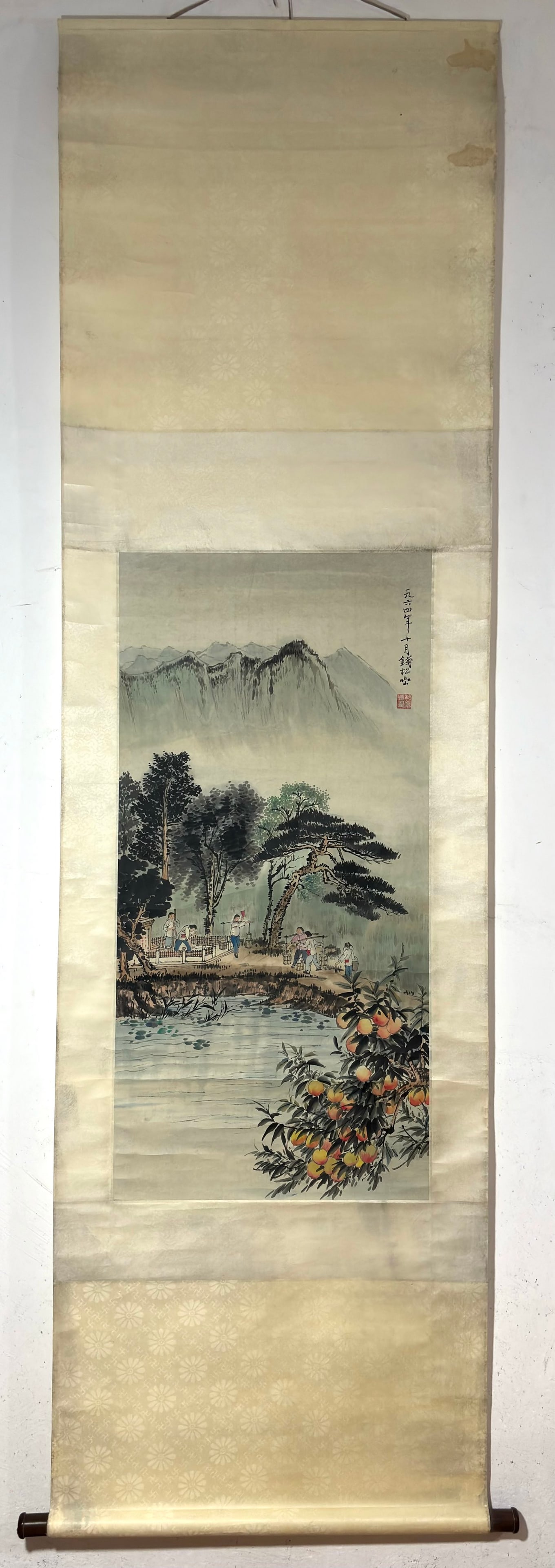 A Chinese Vertical Scroll Ink Painting of Landscape and Figure on Paper: A Chinese Vertical Scroll Ink Painting of Landscape and Figure on Paper Qian songyan Without frame Size:37.4inx18.3in钱松喦人物图 纸本立轴Wi