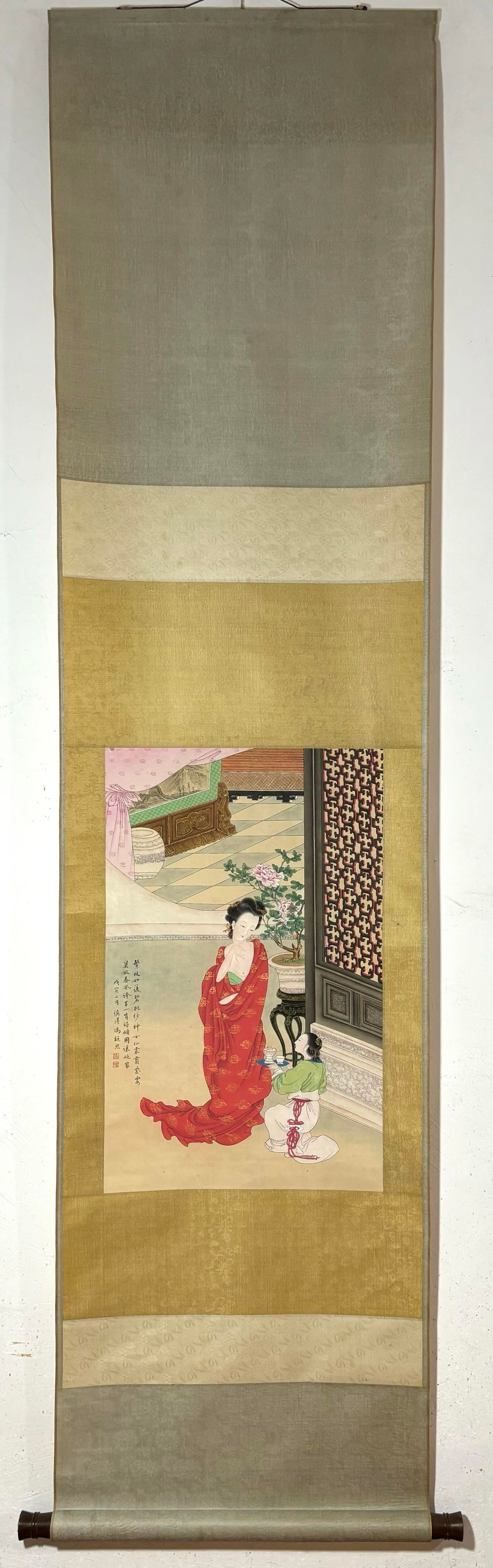 A Chinese Vertical Scroll Ink Painting of Character and Story on Silk: A Chinese Vertical Scroll Ink Painting of Character and Story on Silk Feng chaoran Without frame Size:24.4inx15.6in冯超然贵妃出浴图 绢本