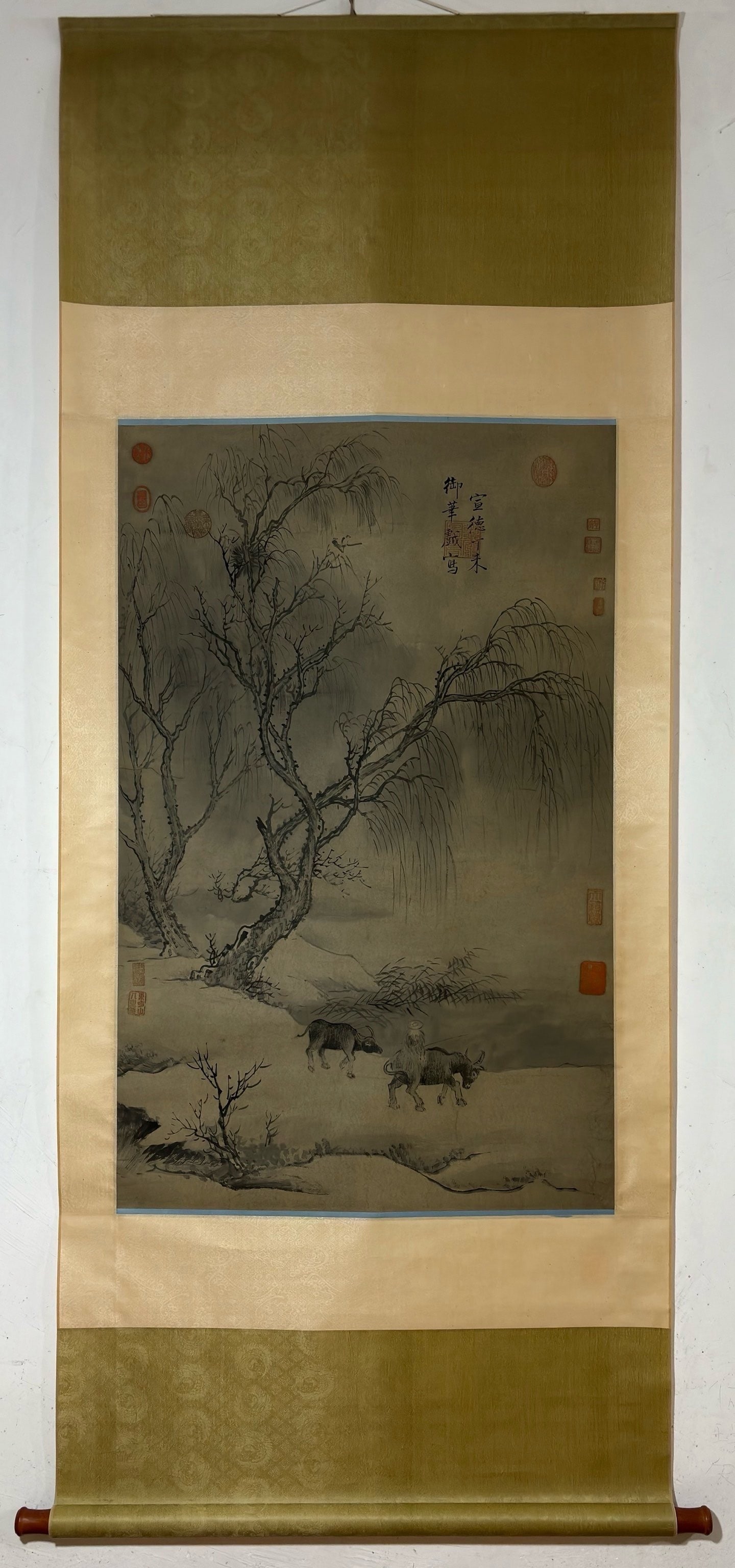 A Chinese Vertical Scroll Ink Painting of Character and Story on Paper: A Chinese Vertical Scroll Ink Painting of Character and Story on Paper Zhu zhanji Without frame Size:41.5inx26.4in朱瞻基牧童图 纸本立轴Witho