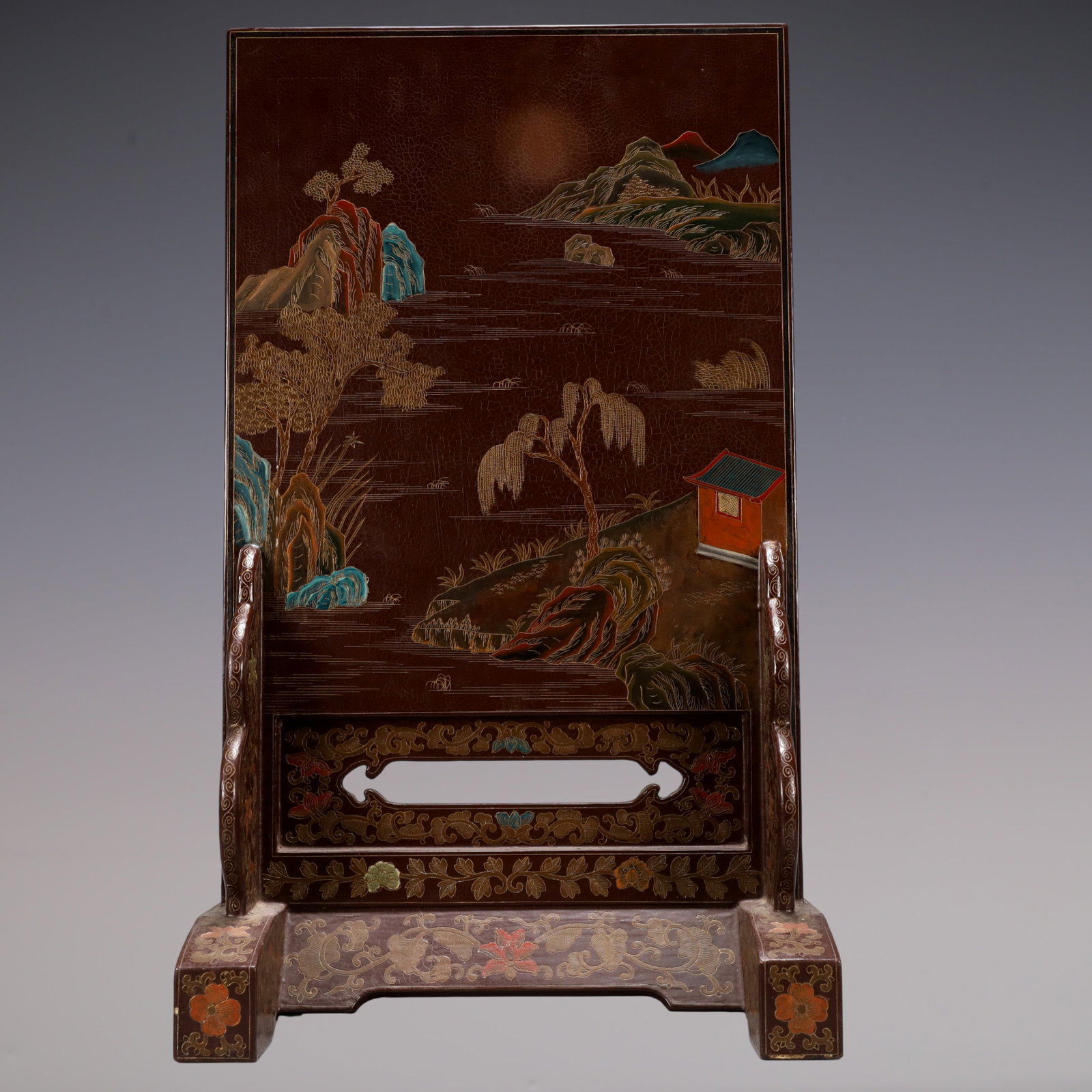 A Exquisite Carved Red Lacquer Dragon Pattern Landscape Pattern Screen - 7