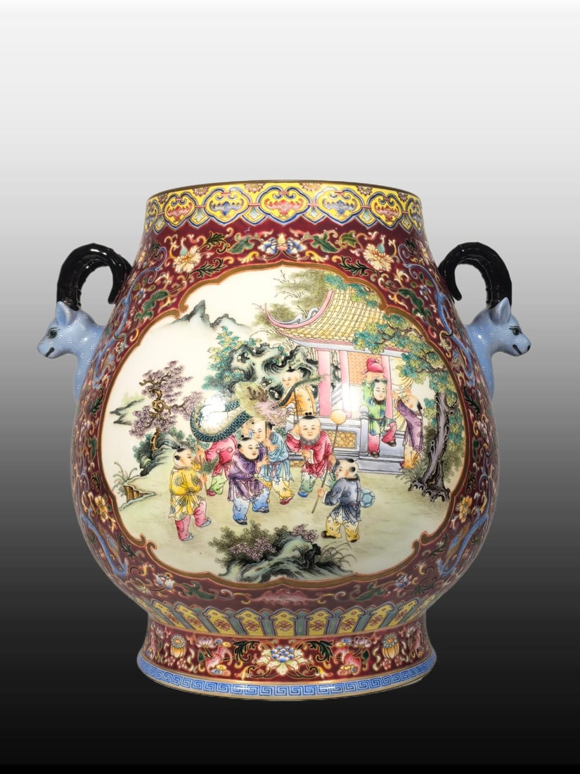 A Exquisite Famille-Rose Ruby Red-Glazed Character and Story Pattern Sheep-Ears Vase: A Exquisite Famille-Rose Ruby Red-Glazed Character and Story Pattern Sheep-Ears Vase,Qing Dynasty, China,Qianlong Four-character Mark,Size:14.6inx8.9inx15inx9.6in 粉彩胭脂ń