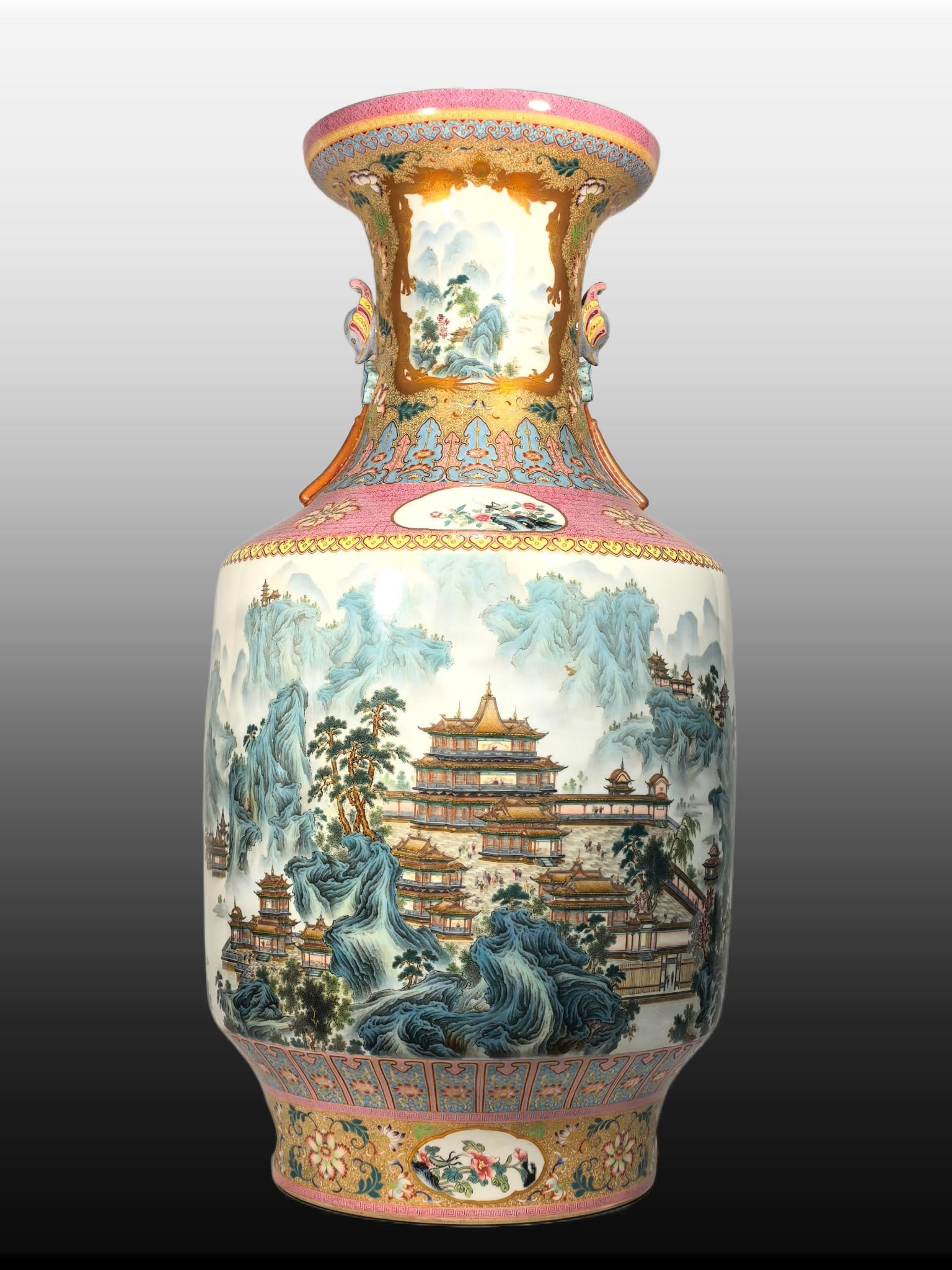 A Exquisite Famille-Rose Gold Ground Landscape Figures Pattern Vase: A Exquisite Famille-Rose Gold Ground Landscape Figures Pattern Vase,Qing Dynasty, China,Qianlong Four-character Mark,Size:31.9inx11.2inx16.1inx11.4in 粉彩金地山水&#