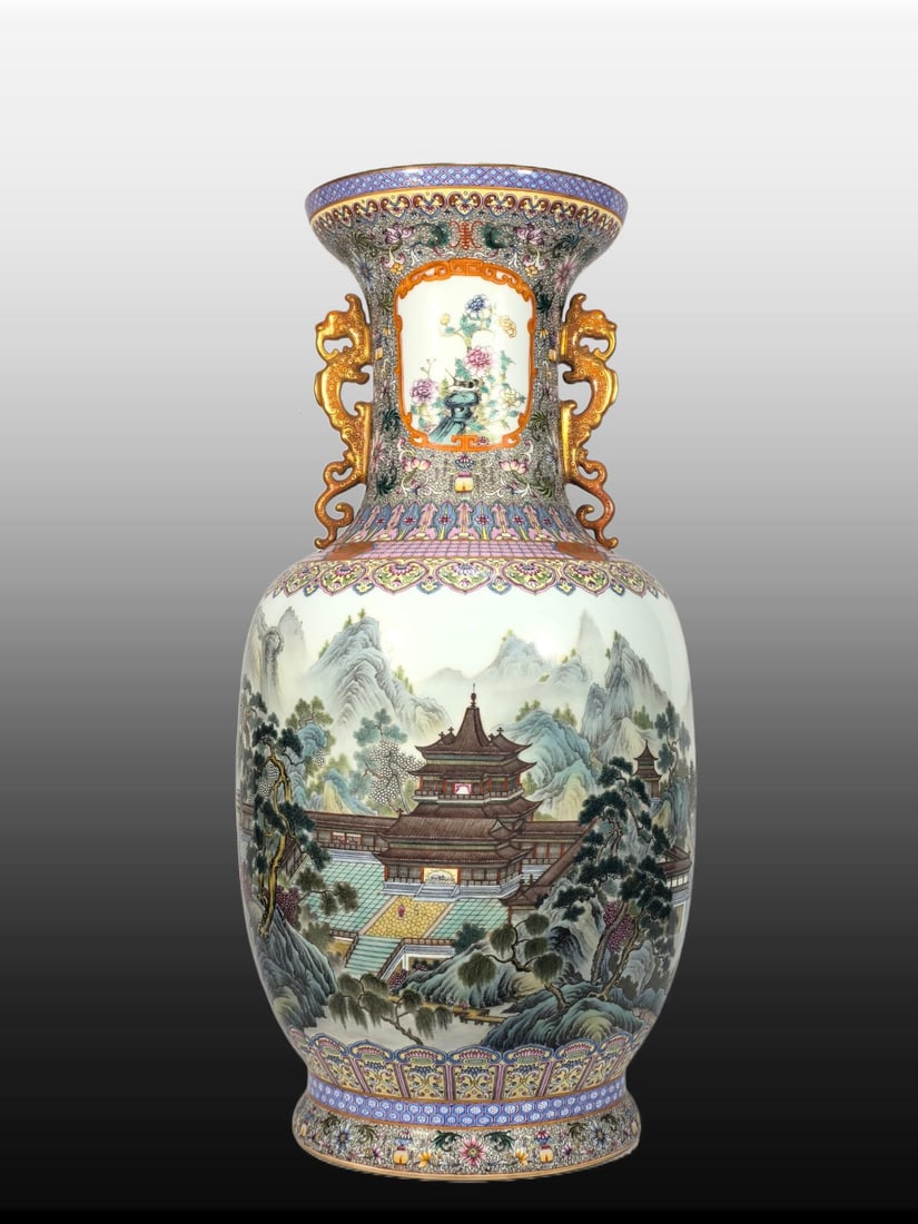 A Exquisite Famille-Rose Landscape Pattern Dragon-Ears Vase: A Exquisite Famille-Rose Landscape Pattern Dragon-Ears Vase,Qing Dynasty, China,Qianlong Four-character Mark,Size:24.4inx8.7inx13inx9.1in 粉彩山水纹龙耳ல