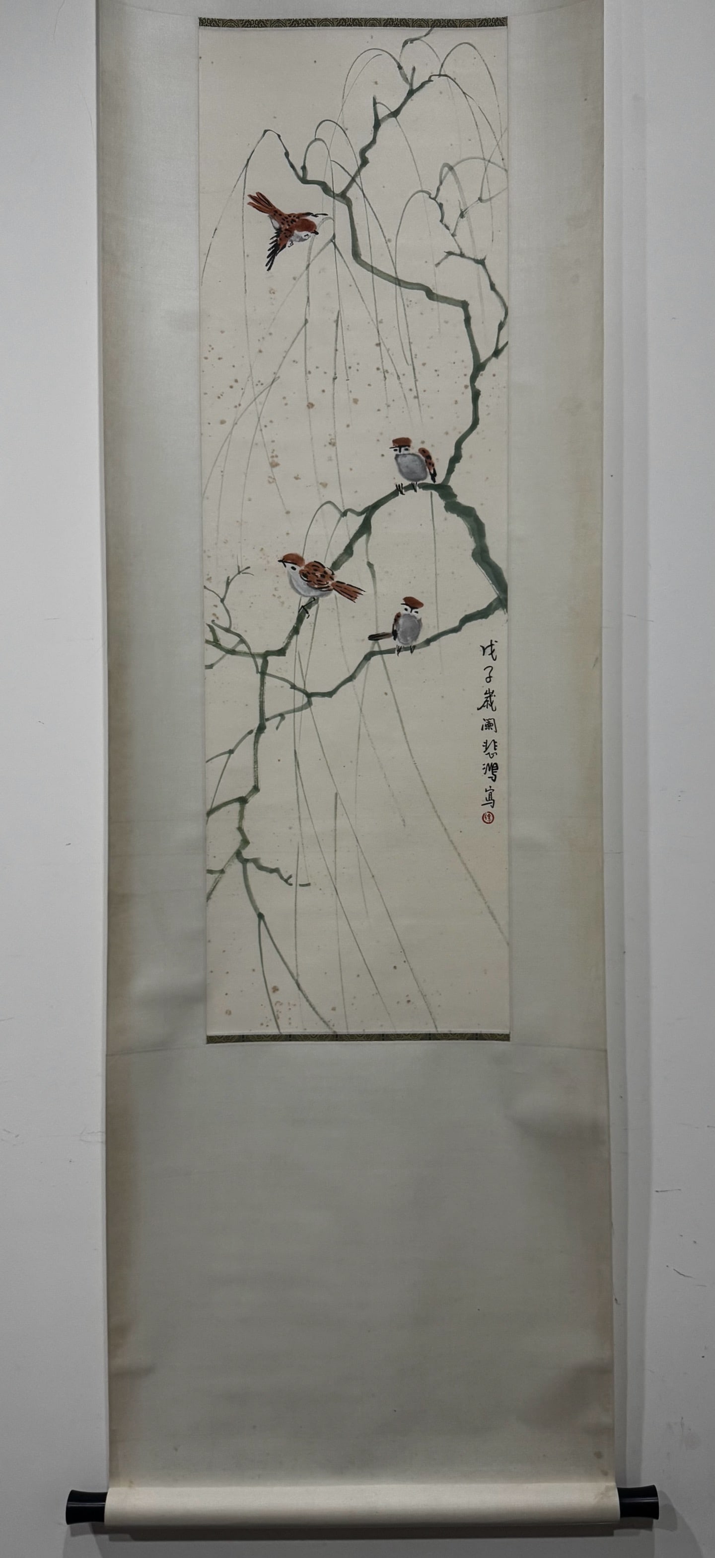 A Chinese Vertical Scroll Ink Painting of Flower and Bird on Paper: A Chinese Vertical Scroll Ink Painting of Flower and Bird on Paper,Modern Time of China,Xu Beihong,without frame size:44.1inx13.4in 一幅中国水墨纸本!