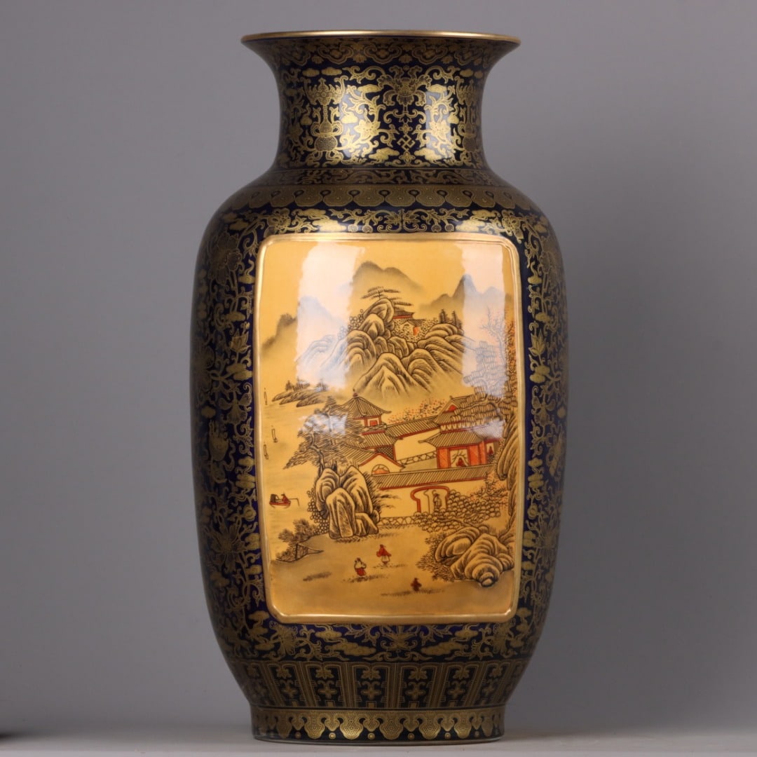 A Exquisite Black Glazed Painted Gold Landscape Character and Story Pattern Vase: A Exquisite Black Glazed Painted Gold Landscape Character and Story Pattern Vase,Qing Dynasty, China,Qianlong Six-character Mark,Size:19.3inx11in 乌金釉描金山૒