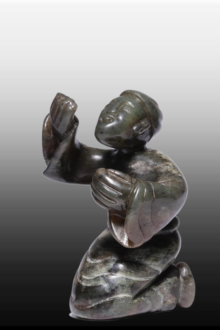 A Exquisite Gaogu Jade Human Figure Handheld Carving: A Exquisite Gaogu Jade Human Figure Handheld Carving,N.Qi Dynasty, China,Size:3.7inx2.4inx1.8in ,Weight:232g 高古玉人手把件,北魏