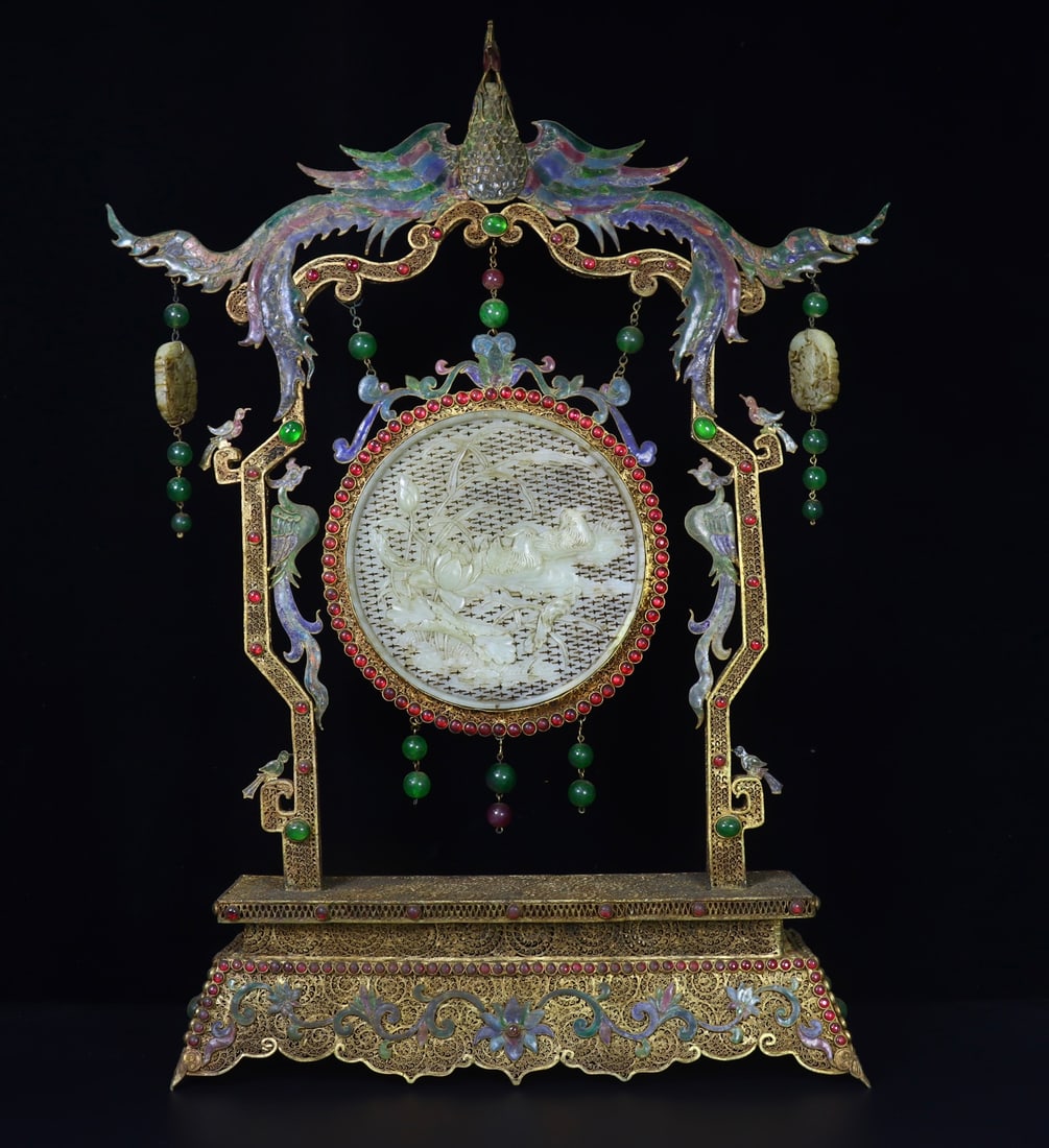A Exquisite Hotan Jade Cloisonne Phoenix Screen: A Exquisite Hotan Jade Cloisonne Phoenix Screen,Qing Dynasty, China,Size:12.8inx4.1inx20.5in,Weight:1705g