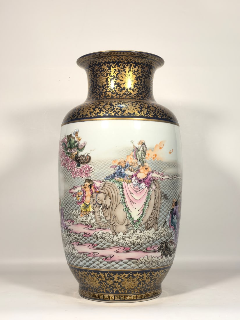 A Exquisite Enamel Ji Blue Glazed Painted Gold Character and Story Pattern Vase: A Exquisite Enamel Ji Blue Glazed Painted Gold Character and Story Pattern Vase,Qing Dynasty, China,Qianlong Six-character Mark,Size:18.9inx7.3inx10.2inx6.5in