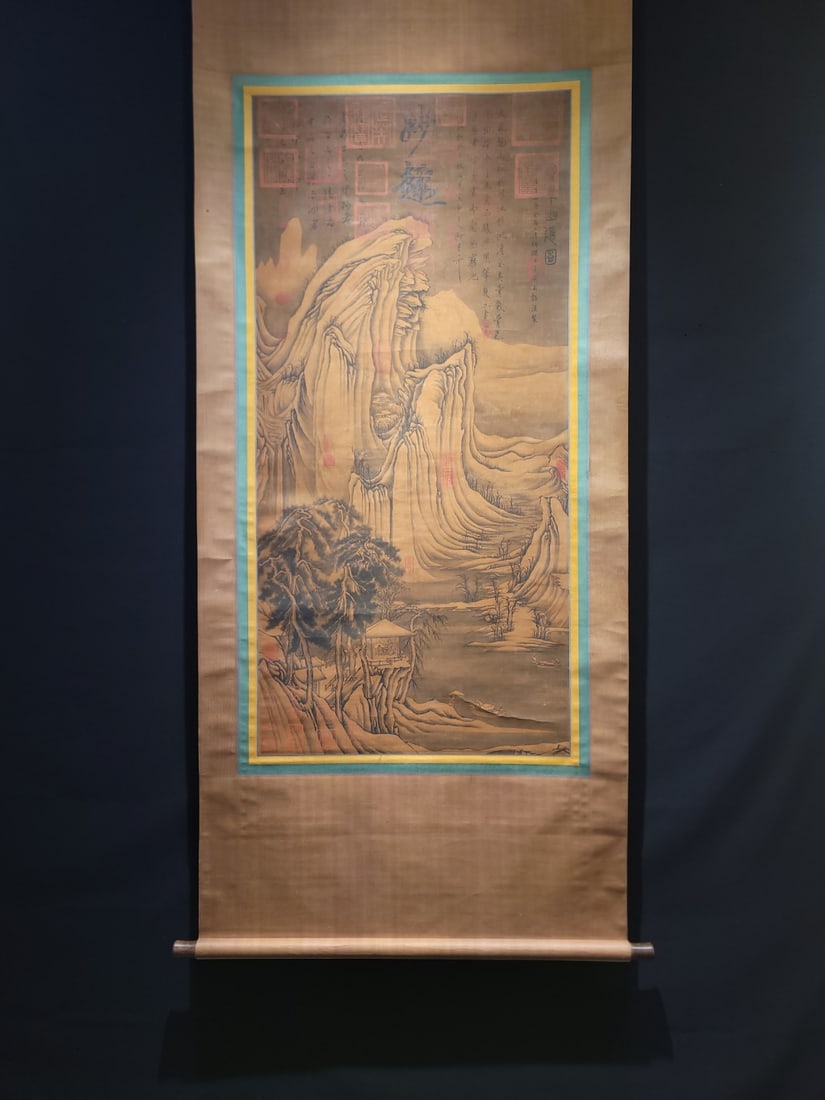 A Chinese Vertical Scroll Ink Painting of Landscape on Silk: A Chinese Vertical Scroll Ink Painting of Landscape on Silk,Tang Dynasty, China,Wang Bo,without frame size:26.4inx55.5in 一幅中国水墨绢本山水