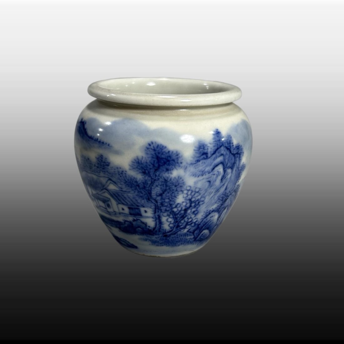 A Exquisite Blue and White Landscape Pattern Vat: A Exquisite Blue and White Landscape Pattern Vat,Qing Dynasty, China,Size:2.1inx2.3in 青花山水纹缸,中国清代