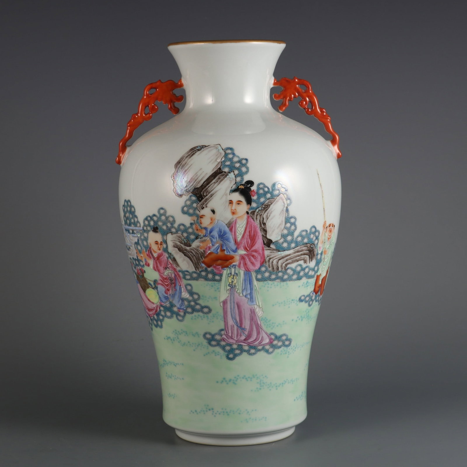 A Exquisite Famille-Rose Character and Story Pattern Double-Ears Vase: A Exquisite Famille-Rose Character and Story Pattern Double-Ears Vase,Qing Dynasty, China,Yongzheng Six-character Mark,Size:13.1inx7.1inx3.7in