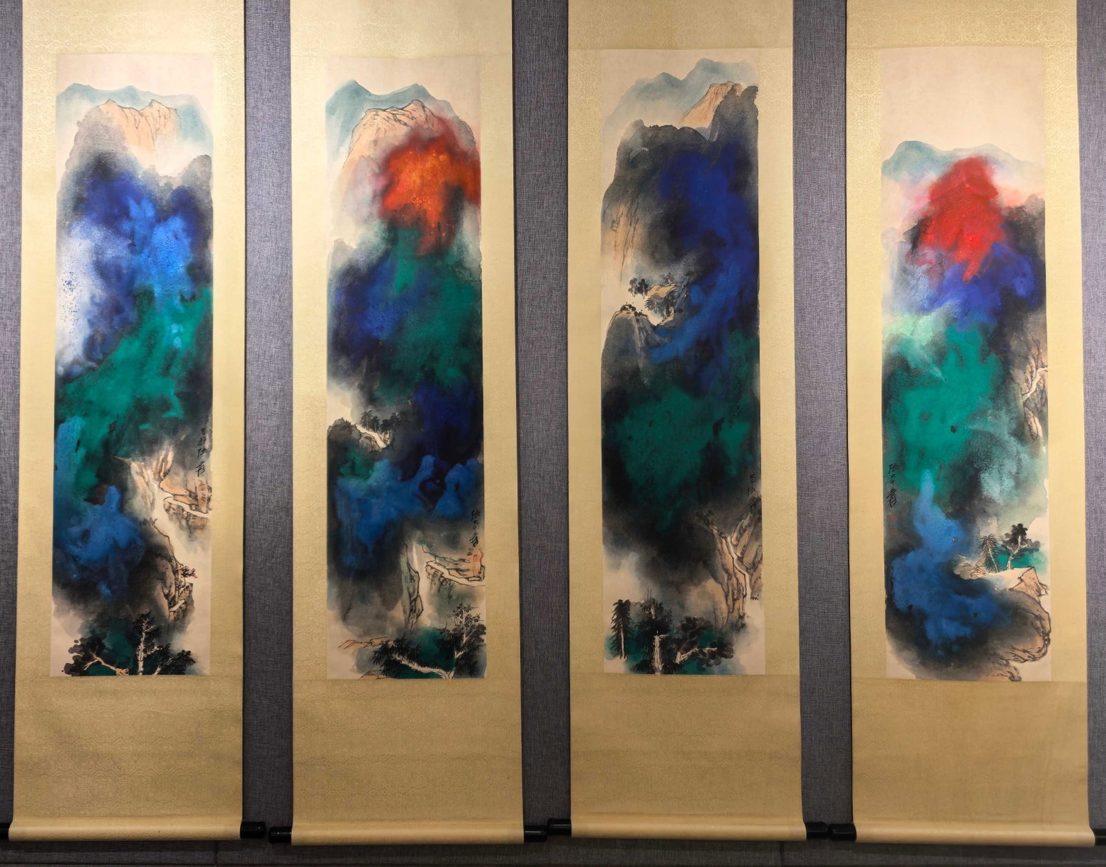 A Set of Chinese Vertical Scroll Ink Paintings of Landscape on Paper(Four) (1 of 18)