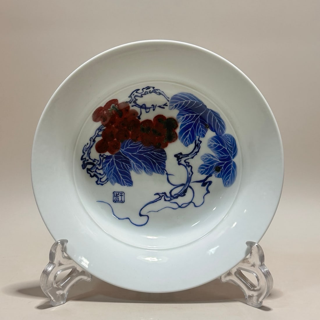 A Exquisite Blue and White Underglaze-Red Grapes Pattern Plate - 5
