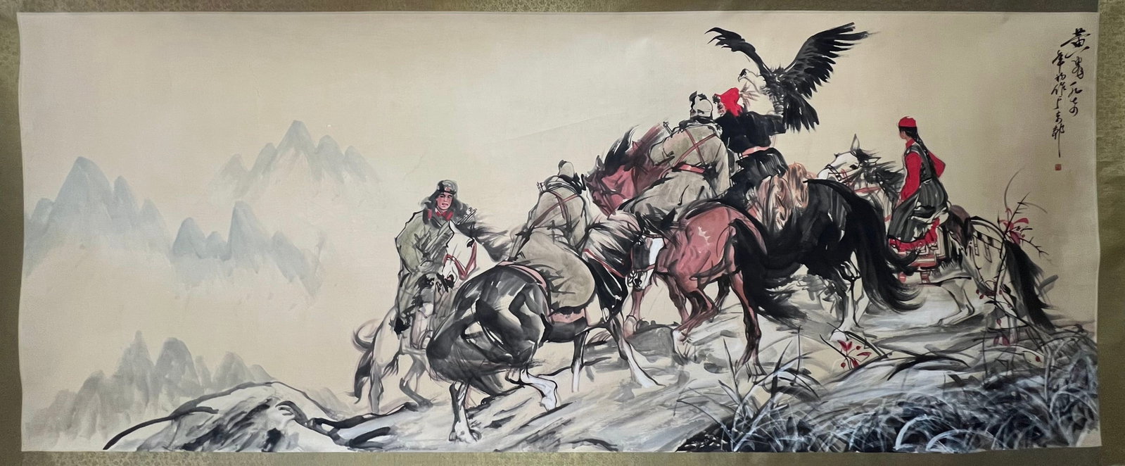 A Chinese Ink Painting of Figures on Paper: A Chinese Ink Painting of Figures on Paper,Modern Time of China,Huang Zhou,without frame size:57.1inx141.7in 一幅中国水墨纸本人物画,&#