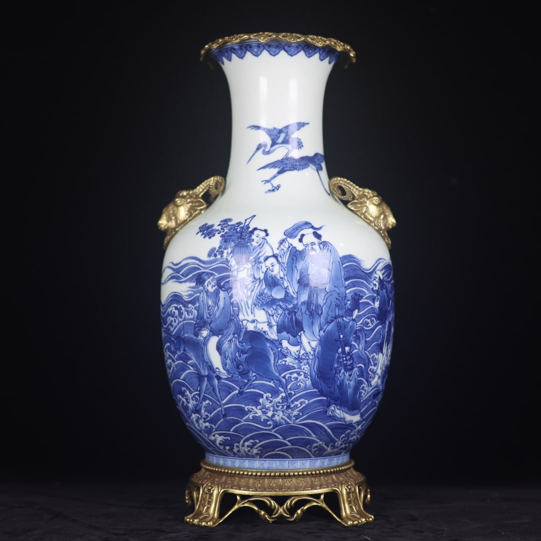 A Exquisite Blue and White Inlaid Copper Figures Pattern Sheep-Ears Vase: A Exquisite Blue and White Inlaid Copper Figures Pattern Sheep-Ears Vase,Qing Dynasty, China,Yongzheng Six-character Mark,Size:18.1inx6.1inx9.1inx7.1in 青花镶铜人物