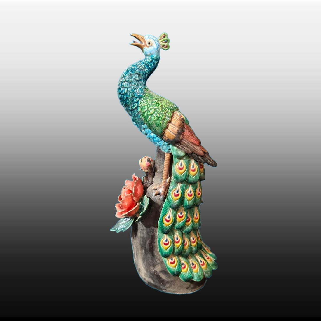 A Exquisite Shiwan Porcelain Peacock Ornament: A Exquisite Shiwan Porcelain Peacock Ornament,Qing Dynasty, China,With Mark,Size:7.9inx5.9inx16.5in 石湾瓷孔雀摆件,中国清代,带&#
