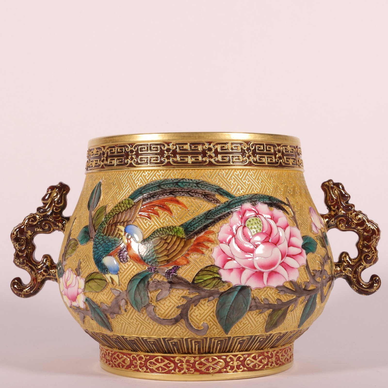 A Exquisite Enamel Gold Ground Carved Flower and Bird Pattern Double-Ears Censer: A Exquisite Enamel Gold Ground Carved Flower and Bird Pattern Double-Ears Censer,Qing Dynasty, China,Qianlong Six-character Mark,Size:4.7inx5.3in