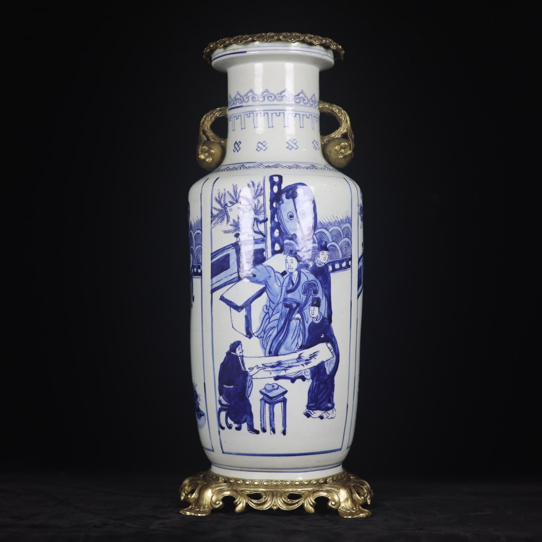 A Exquisite Blue and White Inlaid Copper Character and Story Pattern Pomegranate-Ears Vase: A Exquisite Blue and White Inlaid Copper Character and Story Pattern Pomegranate-Ears Vase,Qing Dynasty, China,Kangxi Six-character Mark,Size:19.3inx5.9inx6.7inx7.9in 青花镶铜&