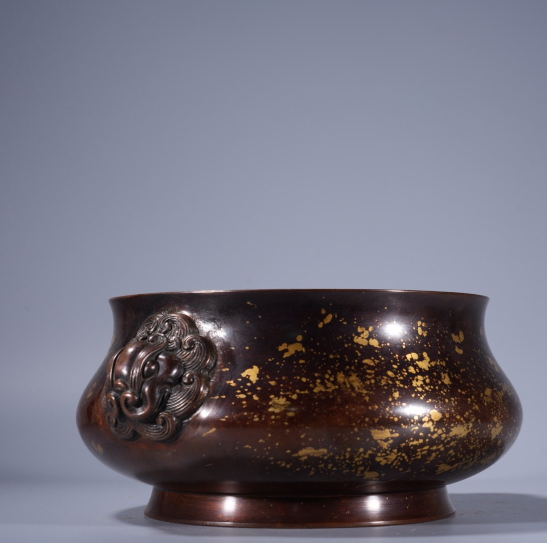 A Exquisite Copper Gold-Splashed Lion-Ears Censer - 2