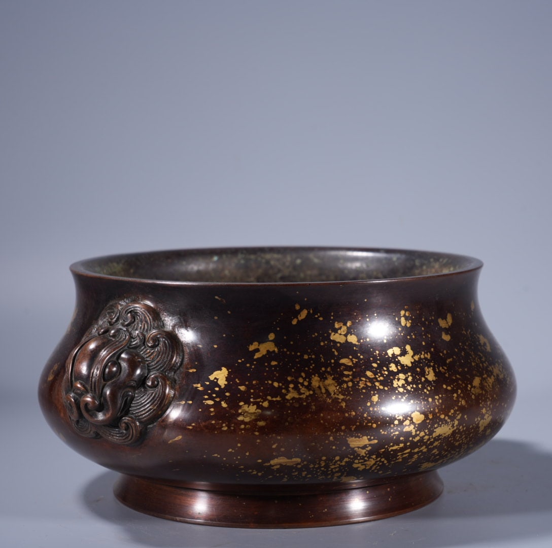 A Exquisite Copper Gold-Splashed Lion-Ears Censer - 3