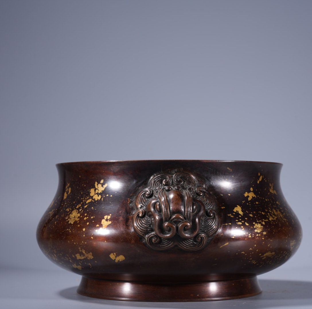 A Exquisite Copper Gold-Splashed Lion-Ears Censer - 4