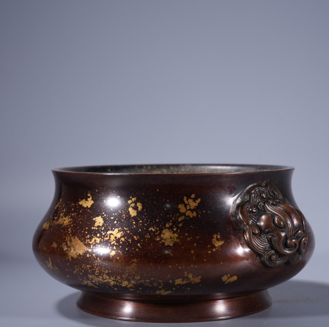 A Exquisite Copper Gold-Splashed Lion-Ears Censer - 5