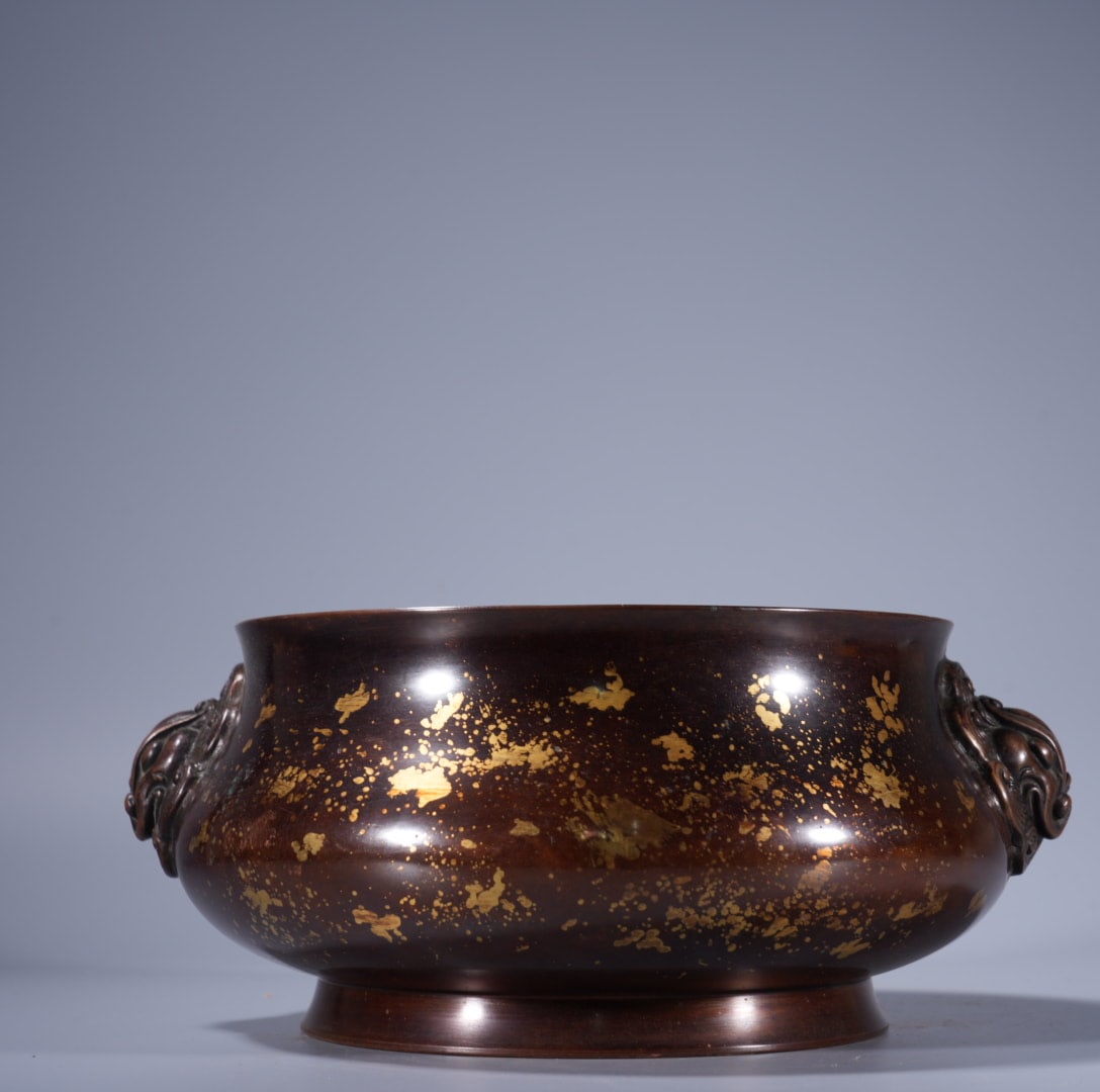 A Exquisite Copper Gold-Splashed Lion-Ears Censer - 6