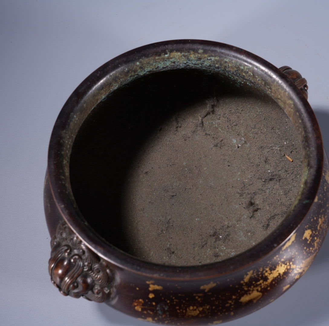 A Exquisite Copper Gold-Splashed Lion-Ears Censer - 7