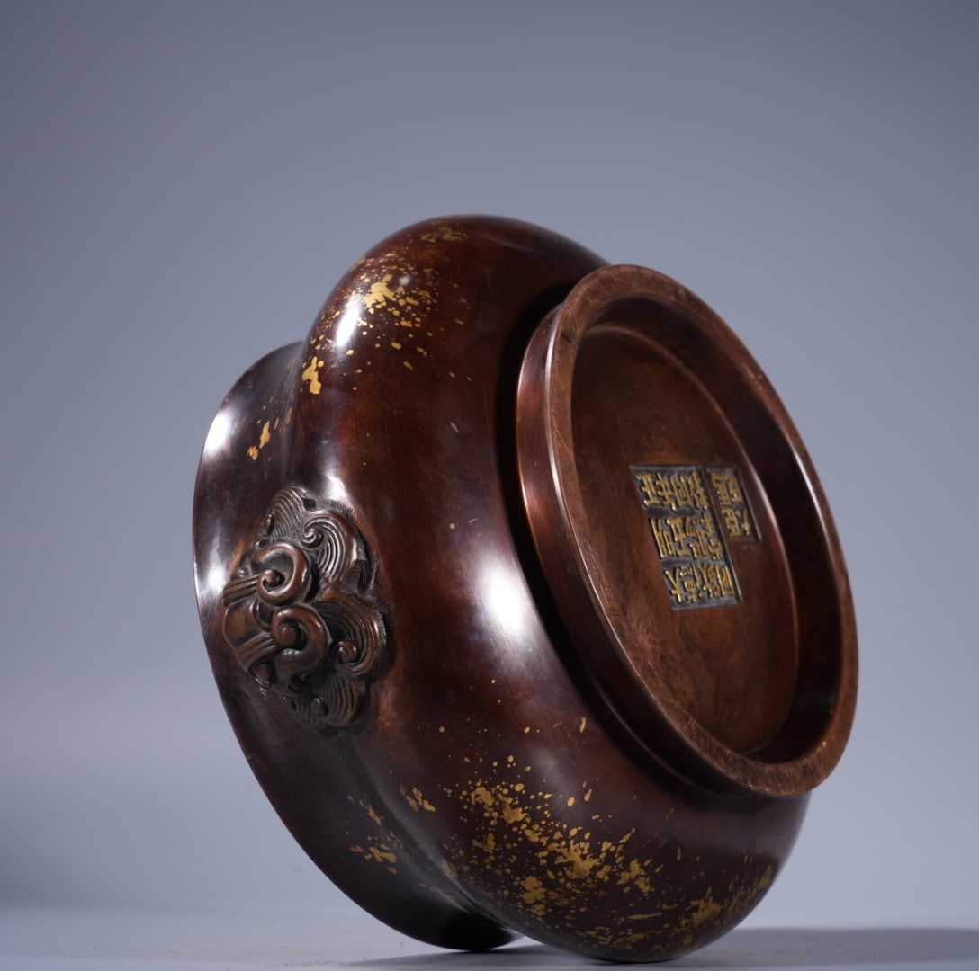 A Exquisite Copper Gold-Splashed Lion-Ears Censer - 8