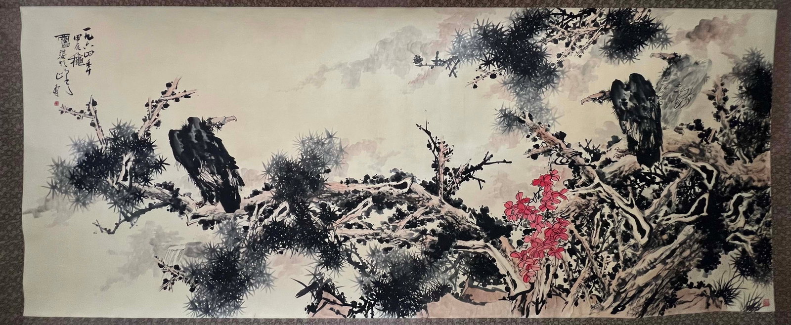 A Chinese Ink Painting of Flower and Bird on Paper: A Chinese Ink Painting of Flower and Bird on Paper,Modern Time of China,Pan Tianshou,without frame size:57.1inx141.7in 一幅中国水墨纸本花鸟&