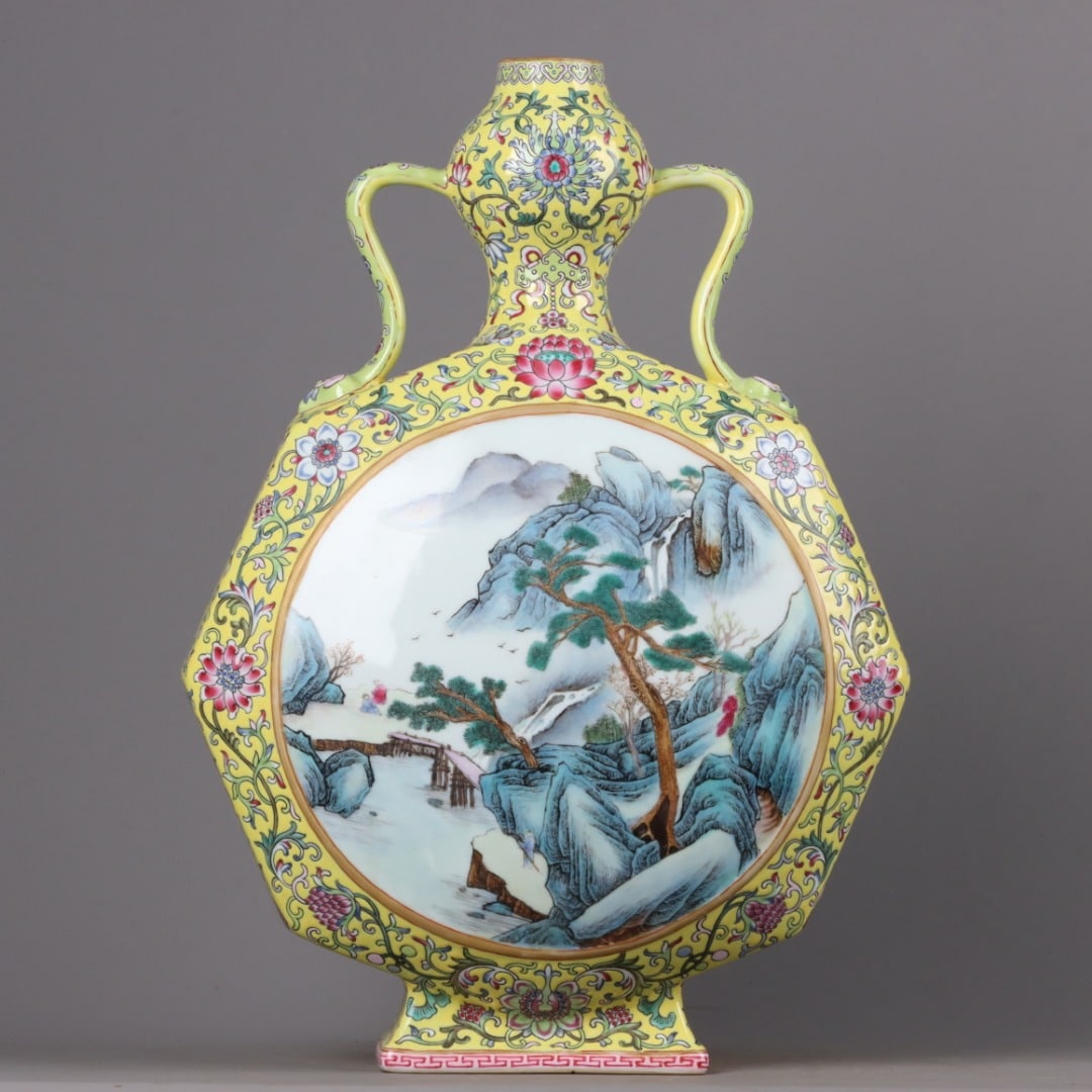 A Exquisite Famille-Rose Landscape Character and Story Pattern Double-Ears Vase: A Exquisite Famille-Rose Landscape Character and Story Pattern Double-Ears Vase,Qing Dynasty, China,Qianlong Six-character Mark,Size:16.9inx11.8in
