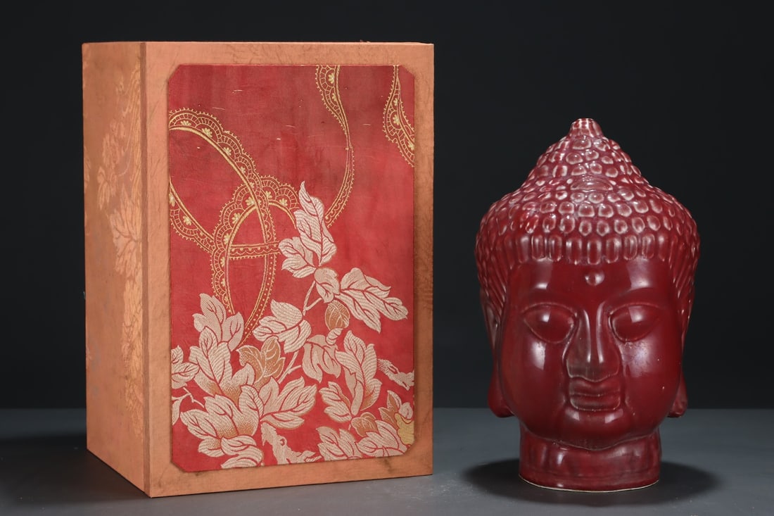 A Exquisite Coral Red Glazed Buddha Head Ornament: A Exquisite Coral Red Glazed Buddha Head Ornament,Ming Dynasty, China,Xuande Six-character Mark,Size:13.4inx8.3in