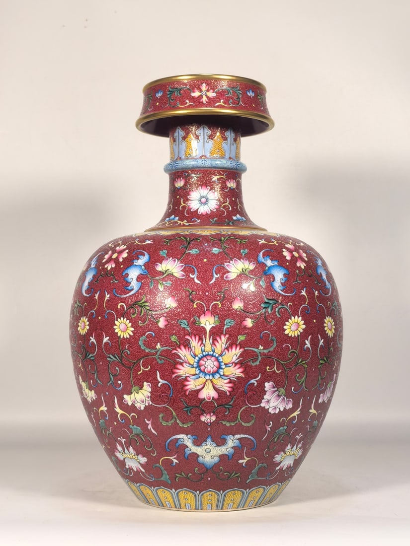 A Exquisite Enamel Ruby Red-Glazed Lotus Pattern Vase: A Exquisite Enamel Ruby Red-Glazed Lotus Pattern Vase,Qing Dynasty, China,Qianlong Six-character Mark,Size:14.2inx4.3inx10.6inx4.7in 珐琅彩胭脂红缠枝