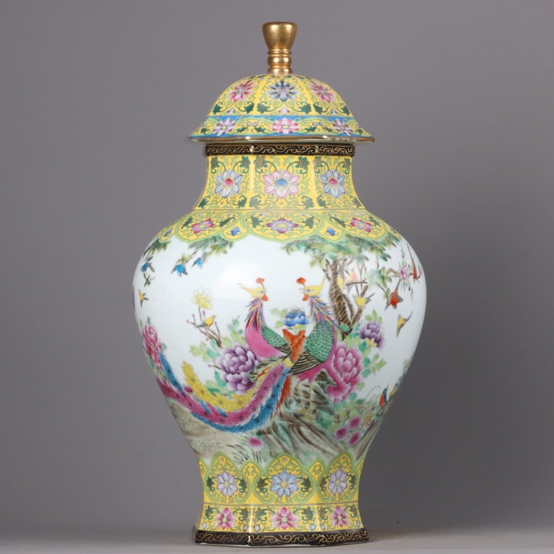 A Exquisite Famille-Rose Yellow Ground Phoenix Pattern Jar: A Exquisite Famille-Rose Yellow Ground Phoenix Pattern Jar,Qing Dynasty, China,Yongzheng Four-character Mark,Size:19.7inx11.4in