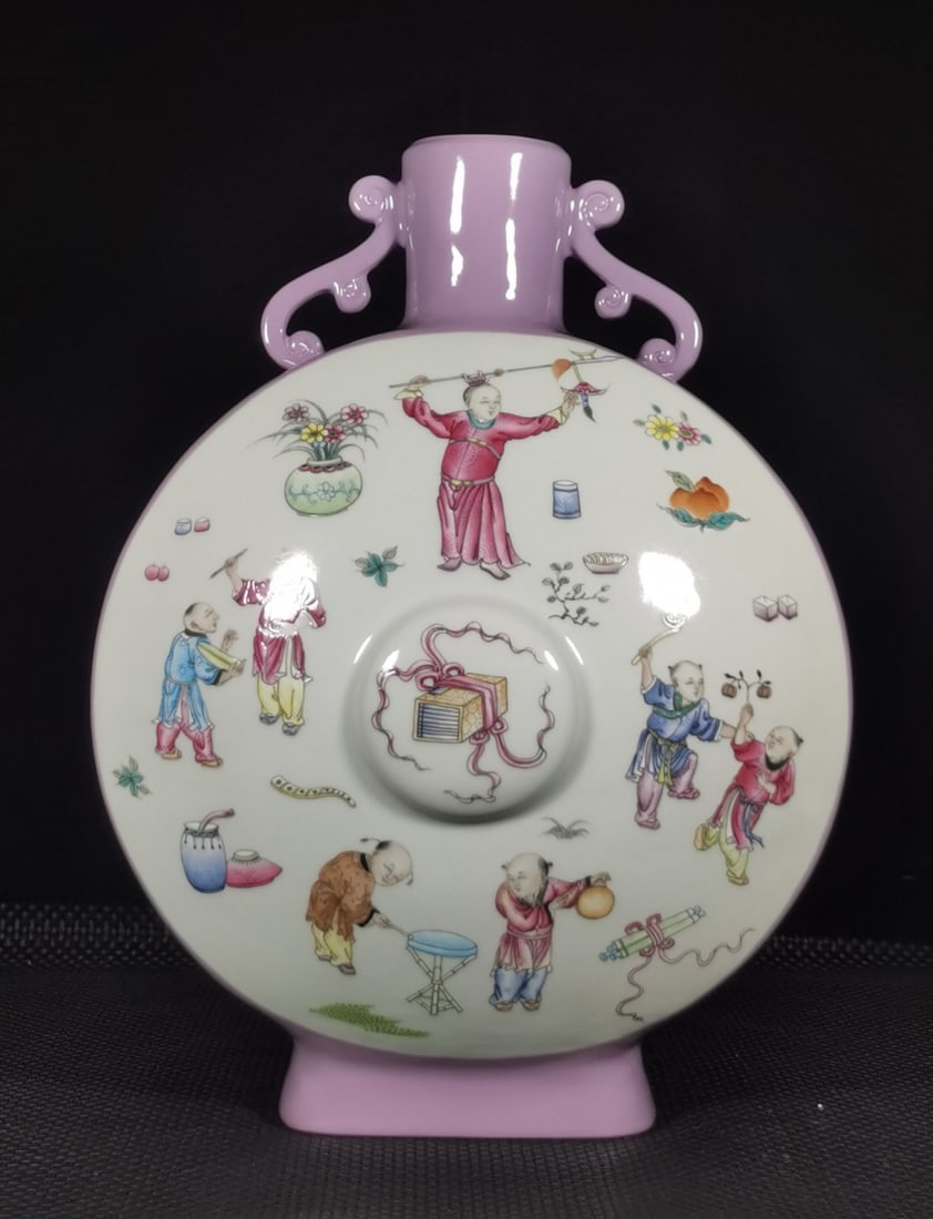 A Exquisite Famille-Rose Aubergine Glaze Character and Story Pattern Vase: A Exquisite Famille-Rose Aubergine Glaze Character and Story Pattern Vase,Qing Dynasty, China,Qianlong Six-character Mark,Size:15.7inx2.6inx12.6in 粉彩紫釉人物ă