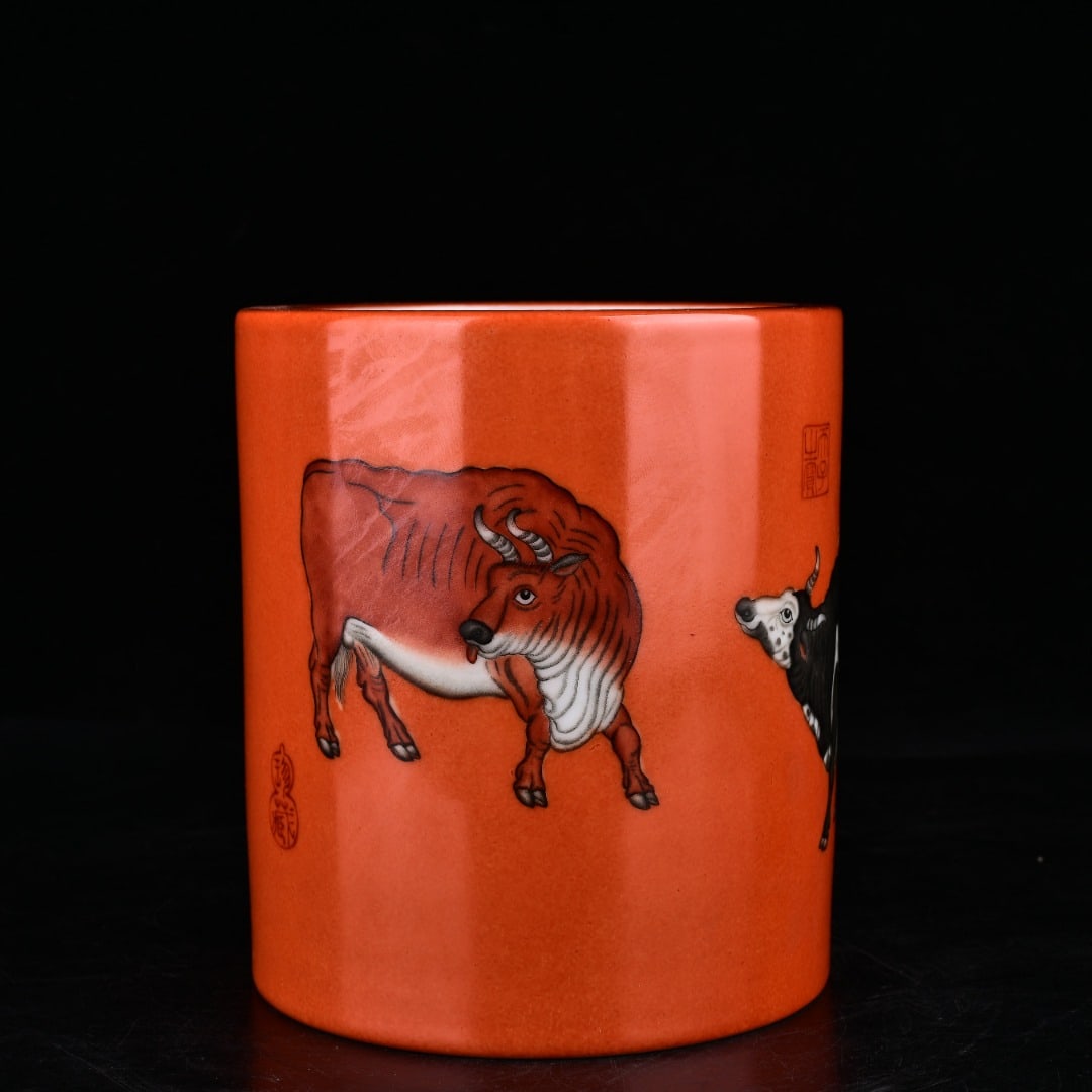 A Exquisite Iron-Red Enamel Buffalo Pattern Brush Pot: A Exquisite Iron-Red Enamel Buffalo Pattern Brush Pot,Qing Dynasty, China,Qianlong Six-character Mark,Size:5.9inx5.3in 矾红珐琅彩牛纹笔筒,中