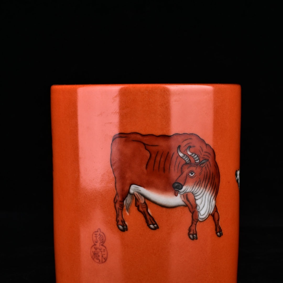 A Exquisite Iron-Red Enamel Buffalo Pattern Brush Pot - 8