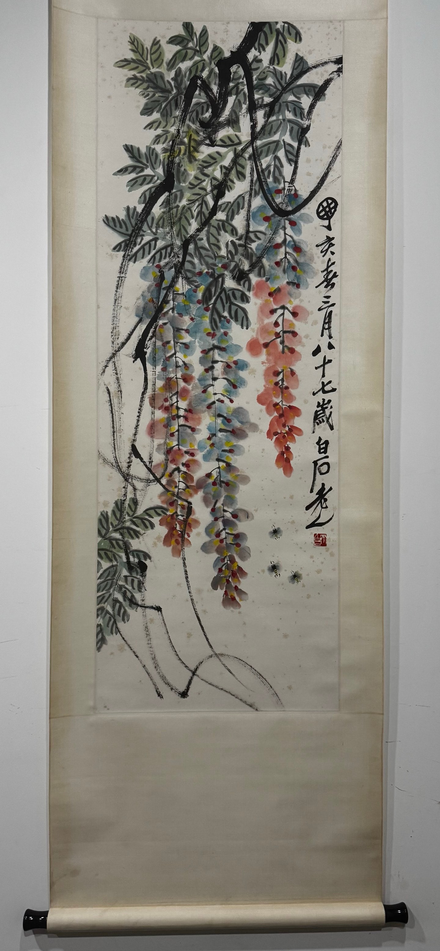 A Chinese Vertical Scroll Ink Painting of Grape on Paper: A Chinese Vertical Scroll Ink Painting of Grape on Paper,Modern Time of China,Qi Baishi,without frame size:52.8inx18.5in 一幅中国水墨纸本葡萄